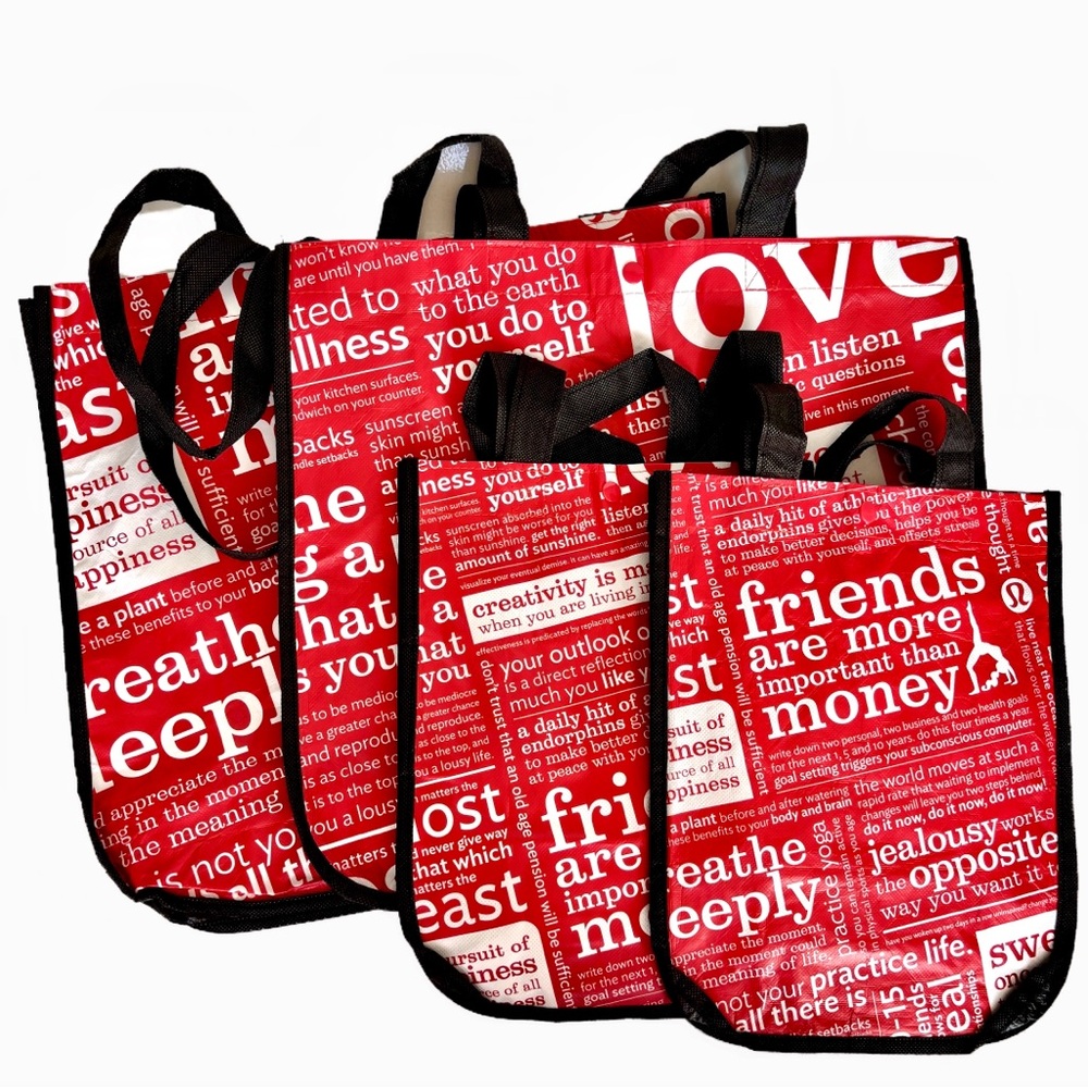 NEW Set of 4 Lululemon Red and White Reusable Empty Shopping Gift Bags Totes
